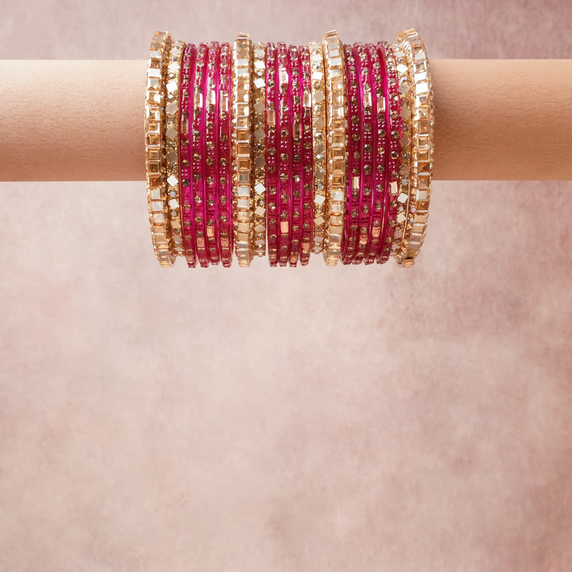 A grounding Fuchsia forms the heart of the set, while touches of  add charm.

A thoughtful composition of Glass, Gold-toned Metal Alloy, Mirror, Rhinestone, designed to feel complete without being heavy.
Each element layers seamlessly, creating a look that is refined, wearable and quietly striking.